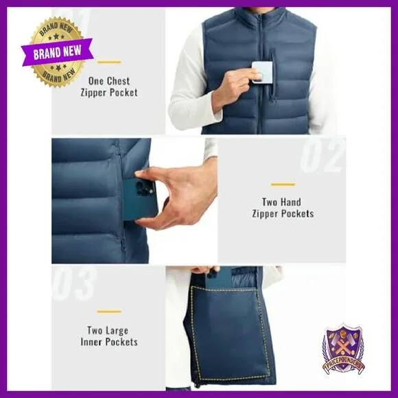 Men's Lightweight Puffer Vest with 5 Pockets, Water-Resistant, Full Zip - Picture 6 of 8